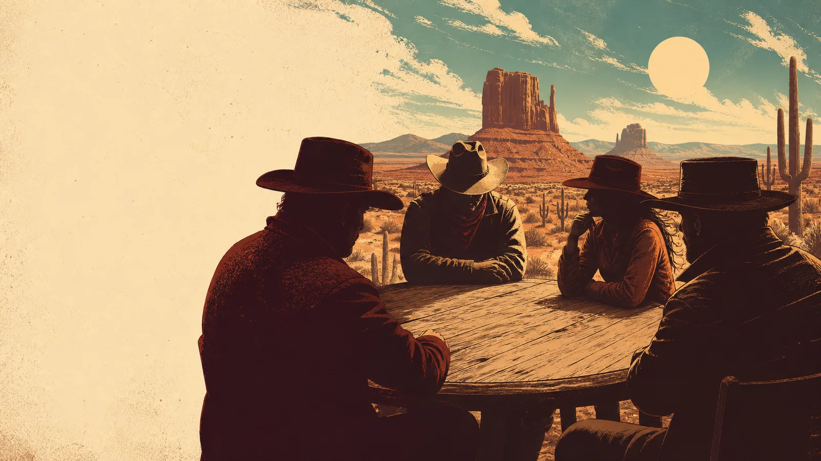 Four anonymous competitors gather around a desert table at high noon